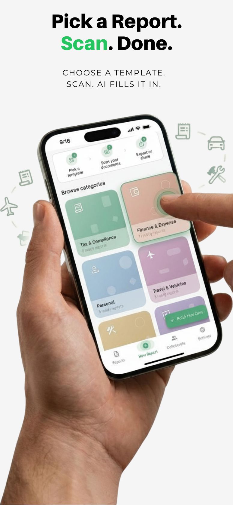 Pick a report template, scan, done, LensReport category browser with Finance, Tax, Travel and Personal tiles