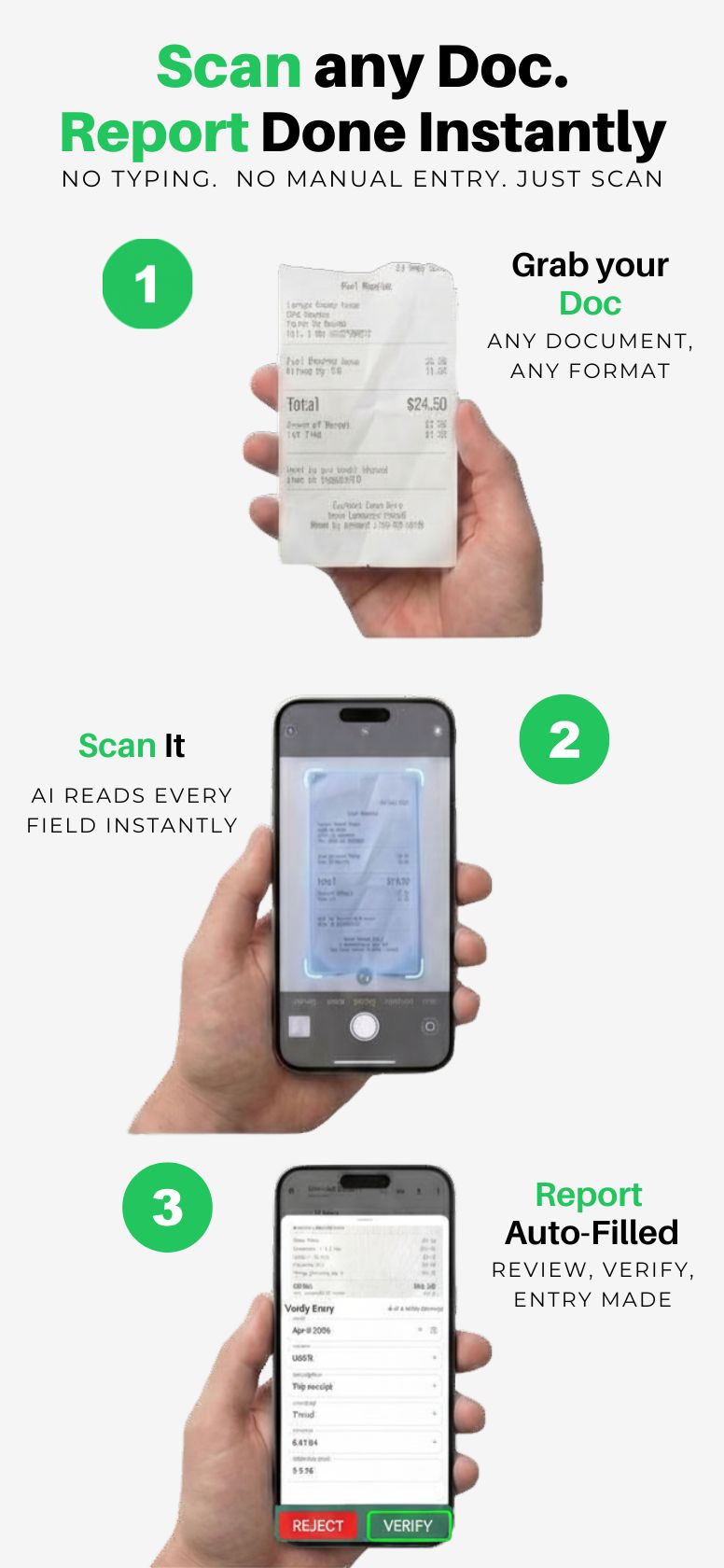 Three-step flow, grab the document, scan it, the report is auto-filled by AI