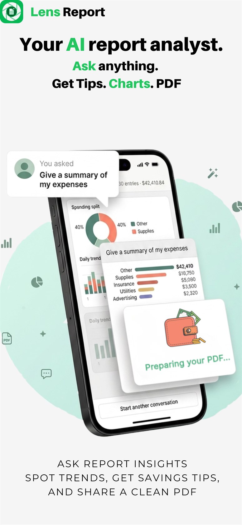 Your AI report analyst, ask anything and get tips, charts and a clean PDF, with a spending breakdown by category and a summary of expenses on screen